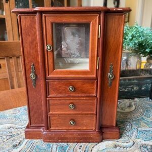 Wood Jewelry Armoire With Etched Glass Mirror Necklace Doors Ring Rolls 13x11